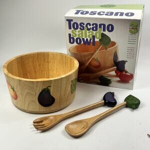 Vtg Toscano Clay Art Salad Bowl Set 3pc Hand Painted Hardwood Vegetable 2001 11"
